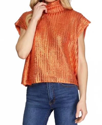 She + Sky Metallic Foil Sleeveless Turtleneck Sweater Top In Orange In Orange