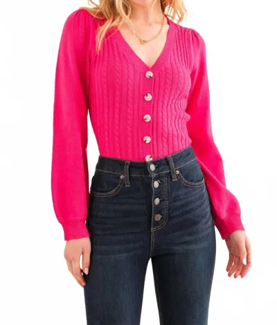 And The Why Cable Knit Button Down Sweater Bodysuit In Fuchsia In Pink