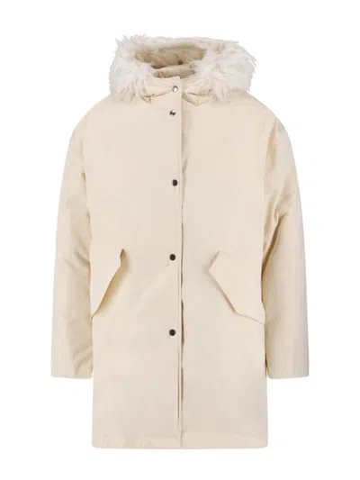 Jil Sander Hooded Longline Jacket With Faux Fur Trim In Multi