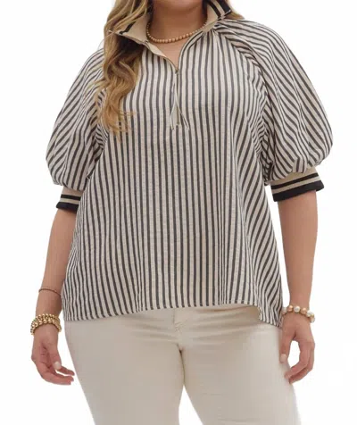 Entro Stripe Pattern Half-zip Closure Short Puff Sleeve Top In Black In Black