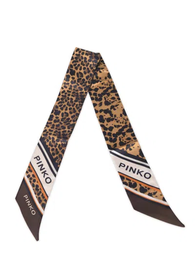 Pinko Thin Leopard Twill Scarf In Brown