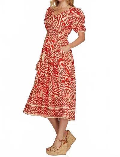 She + Sky Short Sleeve Border Printed Woven Midi Dress In Red In Red