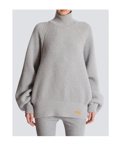 Balmain Oversized Turtleneck Ribbed Knit Sweater In Gray