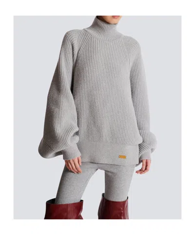 Balmain Oversized Turtleneck Ribbed Knit Sweater In Gray
