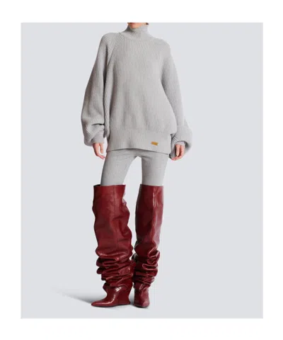 Balmain Oversized Turtleneck Ribbed Knit Sweater In Gray