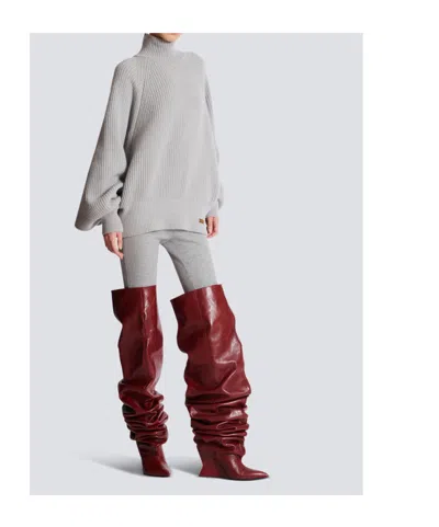 Balmain Oversized Turtleneck Ribbed Knit Sweater In Gray
