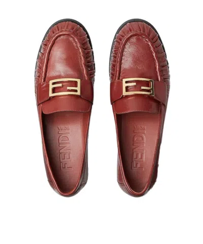 Fendi Curled Metal Detail Baguette Loafers In Red