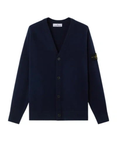 Stone Island Cardigan With Reverse Stitch Details And Button Fastening In Blue