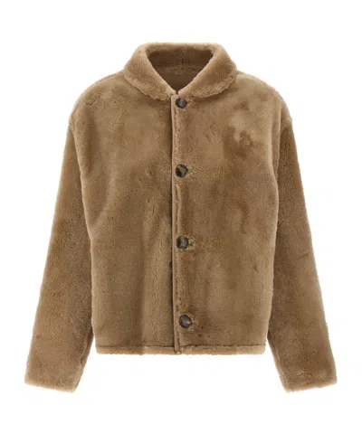 Yves Salomon Shearling Buttoned Leather Coat In Brown