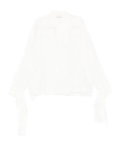 Lanvin Long Sleeve Pleated Sheer Top With Tie In White
