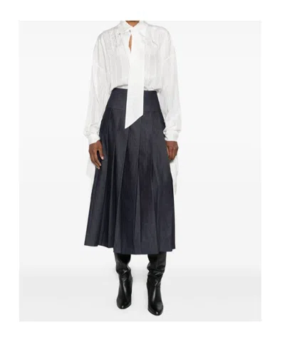 Lanvin Long Sleeve Pleated Sheer Top With Tie In White