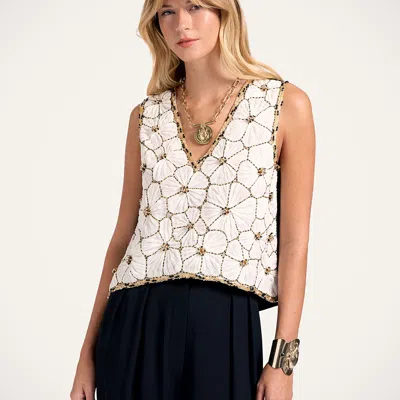 La Doublej Embroidered V Neck Scala Top Crystal Chiffon Embroidery In White