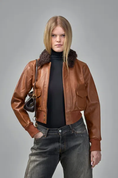 R13 Cropped Shrunken Zip Up Bomber Jacket In Brown
