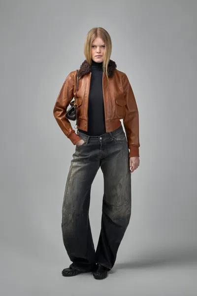 R13 Cropped Shrunken Zip Up Bomber Jacket In Brown