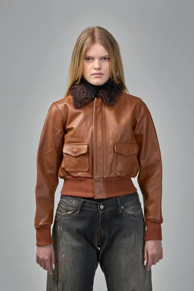 R13 Cropped Shrunken Zip Up Bomber Jacket In Brown