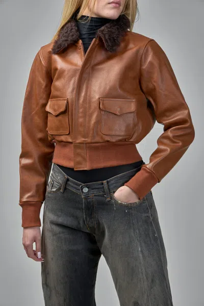 R13 Cropped Shrunken Zip Up Bomber Jacket In Brown