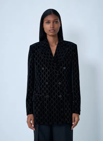 Gucci Double-breasted Velvet Coat Featuring Embroidery In Black