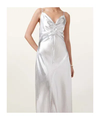 Allsaints Alexia V-neck Drawstring Midi Slip Dress In Silver