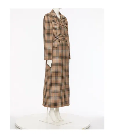 Valentino Double Breasted Houndstooth Wool Longline Coat In Brown