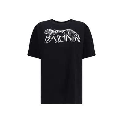 Balmain Leopard Print Cotton T-shirt In Black