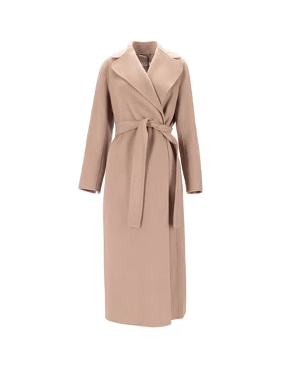 Max Mara Natural Wool Belted Coat In Brown