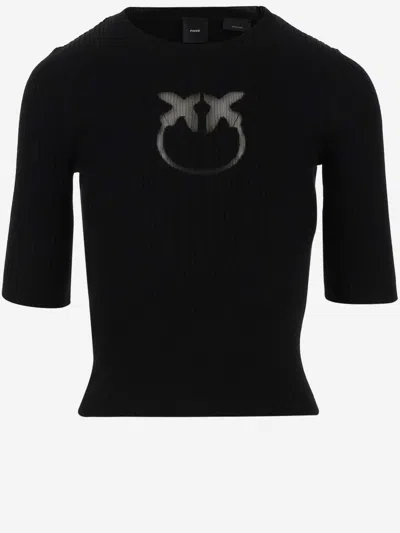 Pinko Short-sleeved Wool Blend Pullover With Logo In Black