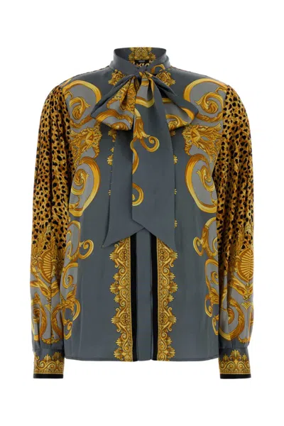 Versace Multicolor Shirt With Pussybow Collar And Leopard Motif In Silk Woman In Multi