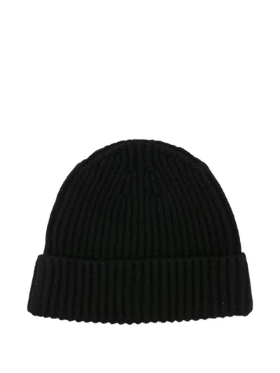 Stone Island Ribbed Knit Beanie With Compass Logo Patch In Black