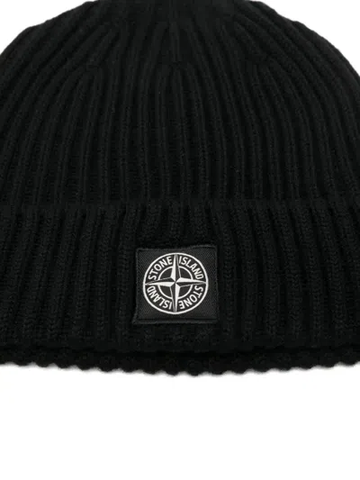 Stone Island Ribbed Knit Beanie With Compass Logo Patch In Black