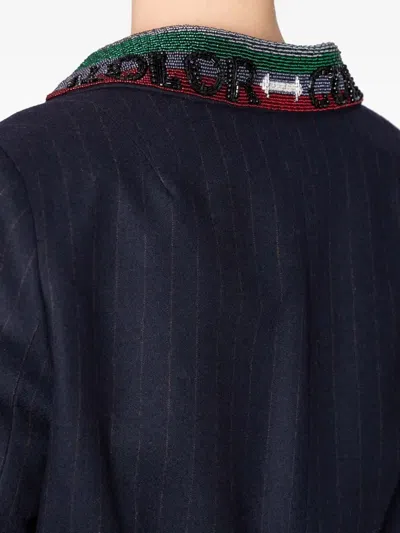 珠饰领细条纹单排扣外套