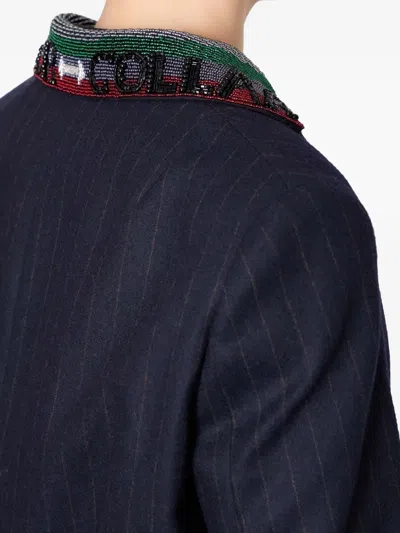 珠饰领细条纹单排扣外套