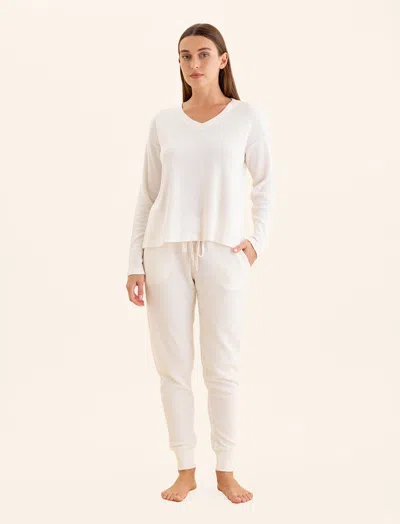 Papinelle Super Soft Waffle V-neck Long Sleeve Top & Jogger In White