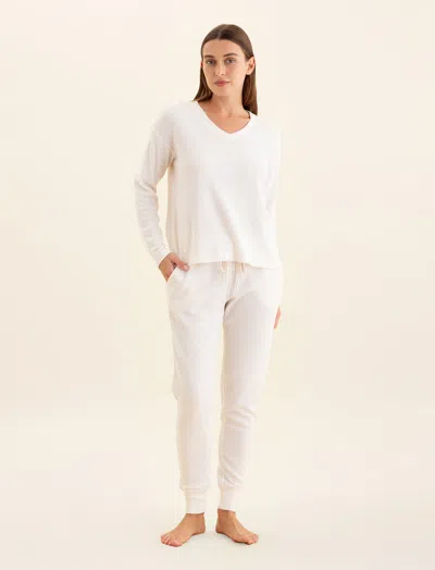 Papinelle Super Soft Waffle V-neck Long Sleeve Top & Jogger In White