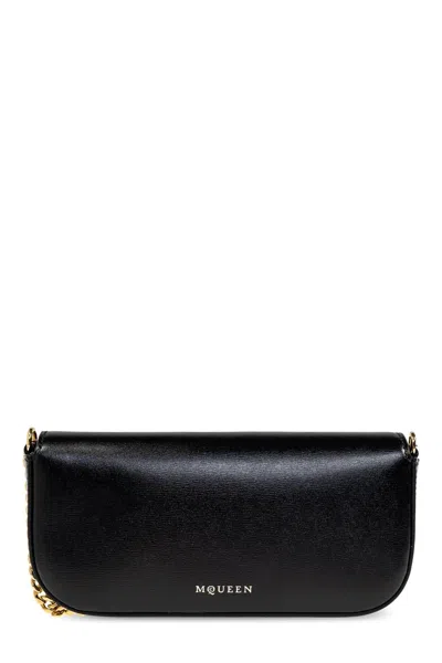 Alexander Mcqueen Black Leather Skull Flower Small Shoulder Bag In Animal Print