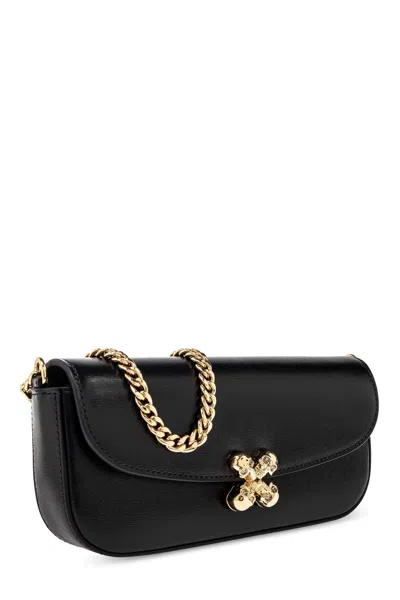 Alexander Mcqueen Black Leather Skull Flower Small Shoulder Bag In Animal Print