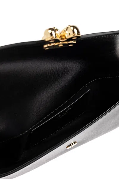 Alexander Mcqueen Black Leather Skull Flower Small Shoulder Bag In Animal Print