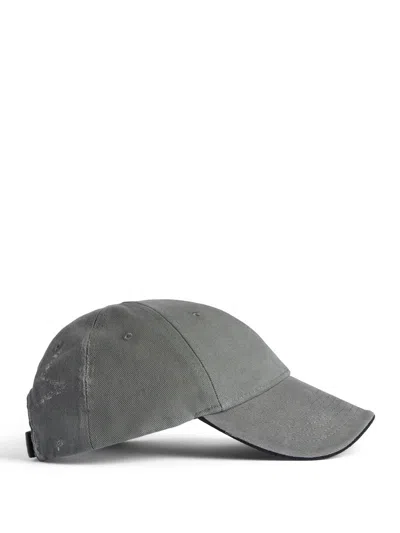 Balenciaga Tilted Typo Distressed Cotton Twill Baseball Cap In Gray