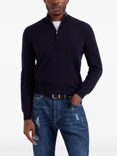 Brunello Cucinelli Cashmere Sweater With Half Zip In Blue