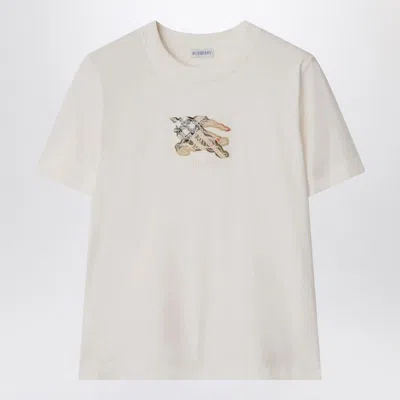 Burberry Ribbed Cotton T-shirt With Equestrian Motif And Logo Patch In White