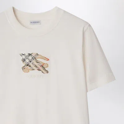 Burberry Ribbed Cotton T-shirt With Equestrian Motif And Logo Patch In White
