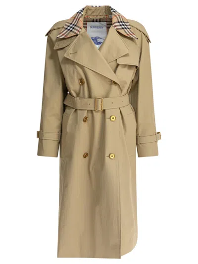 Burberry Check Collar Long Castleford Trench Coat In Brown