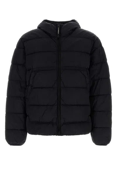 C.p. Company Men Black Down Jacket With Fixed Hood With Googles Detail In Tech Fabric Man In Black
