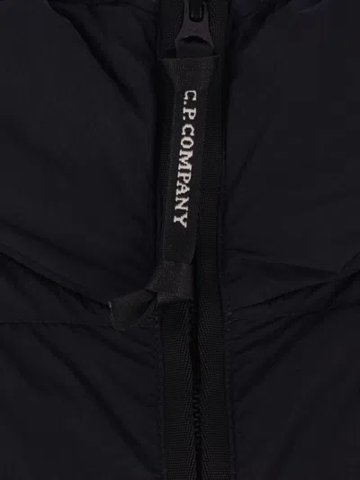 C.p. Company Men Black Down Jacket With Fixed Hood With Googles Detail In Tech Fabric Man In Black