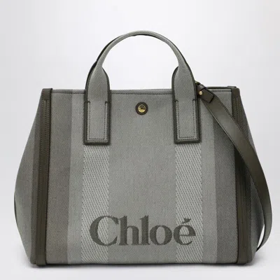 Chloé Carry Small Tote Bag In Dark Green Striped Canvas In Gray