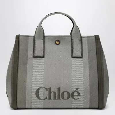 Chloé Carry Small Tote Bag In Dark Green Striped Canvas In Gray