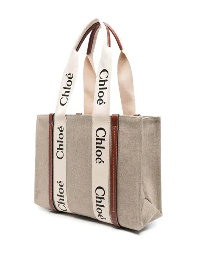 Chloé Structured Tote Bag With Leather And Linen Blend In Metallic