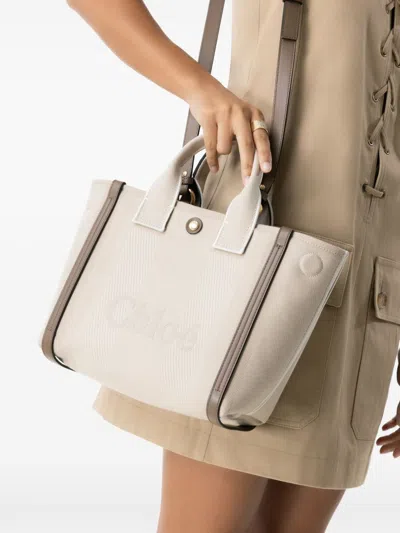 Chloé Carry Small Tote Bag In Beige Striped Canvas In Brown