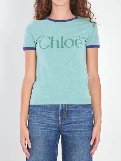 Chloé Fitted Logo T-shirt In Cotton-mix Jersey In Blue