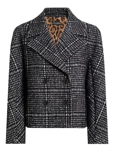 Dolce & Gabbana Short Double-breasted Checked Coat Dolce E Gabbana In Gray
