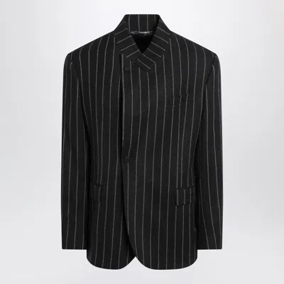 Dolce & Gabbana Pinstripe Wool Blend Single Breasted Coat In Black